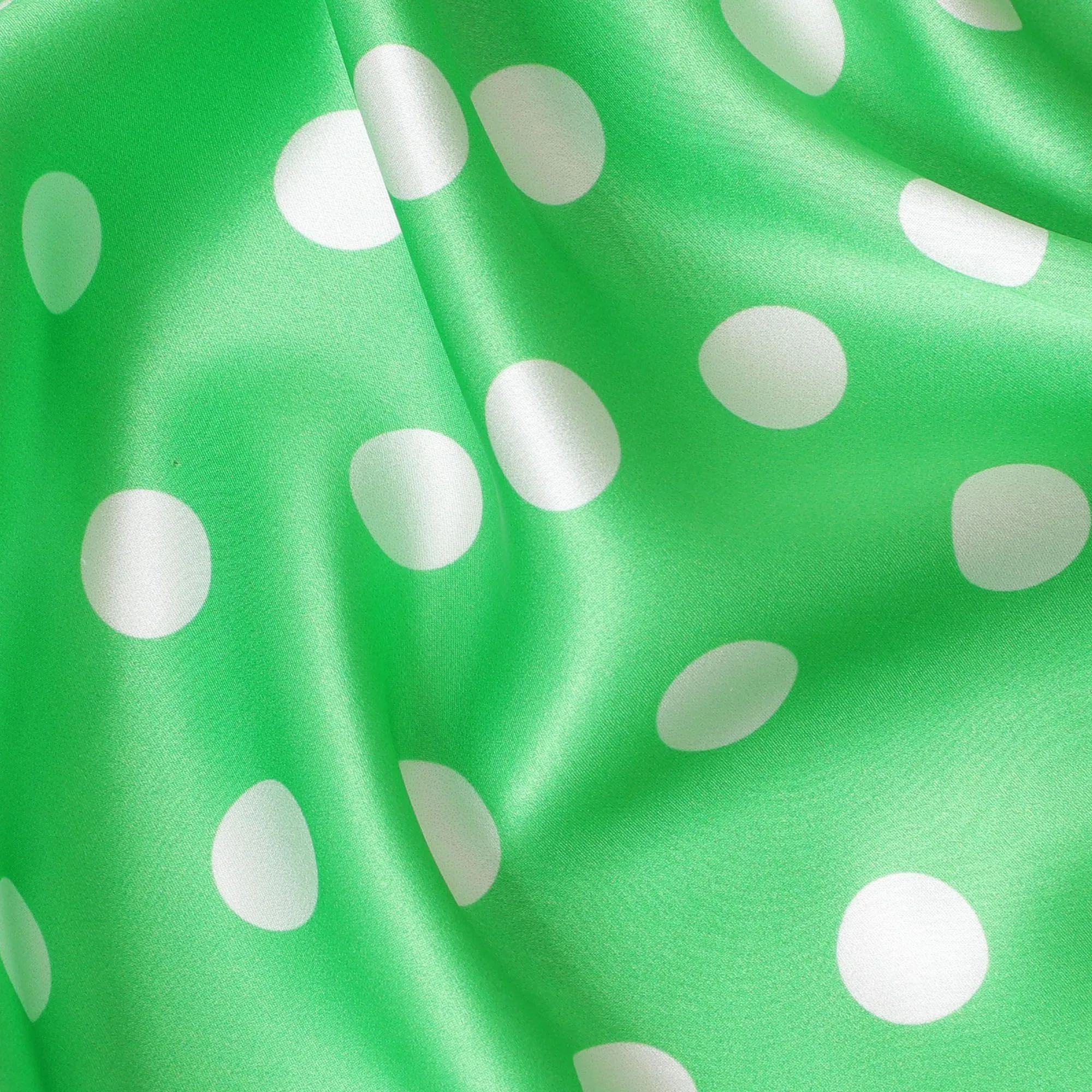 Parrot green pure silk satin fabric with white dots in polka dot design-D11040