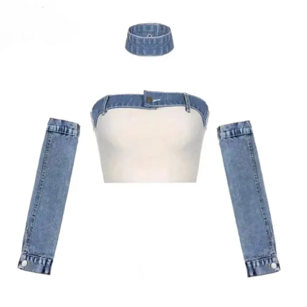 Patchwork Denim Detachable Tank Top For Women Strapless Long Sleeveless Slimming Tunic Vest Female Fashion Clothing