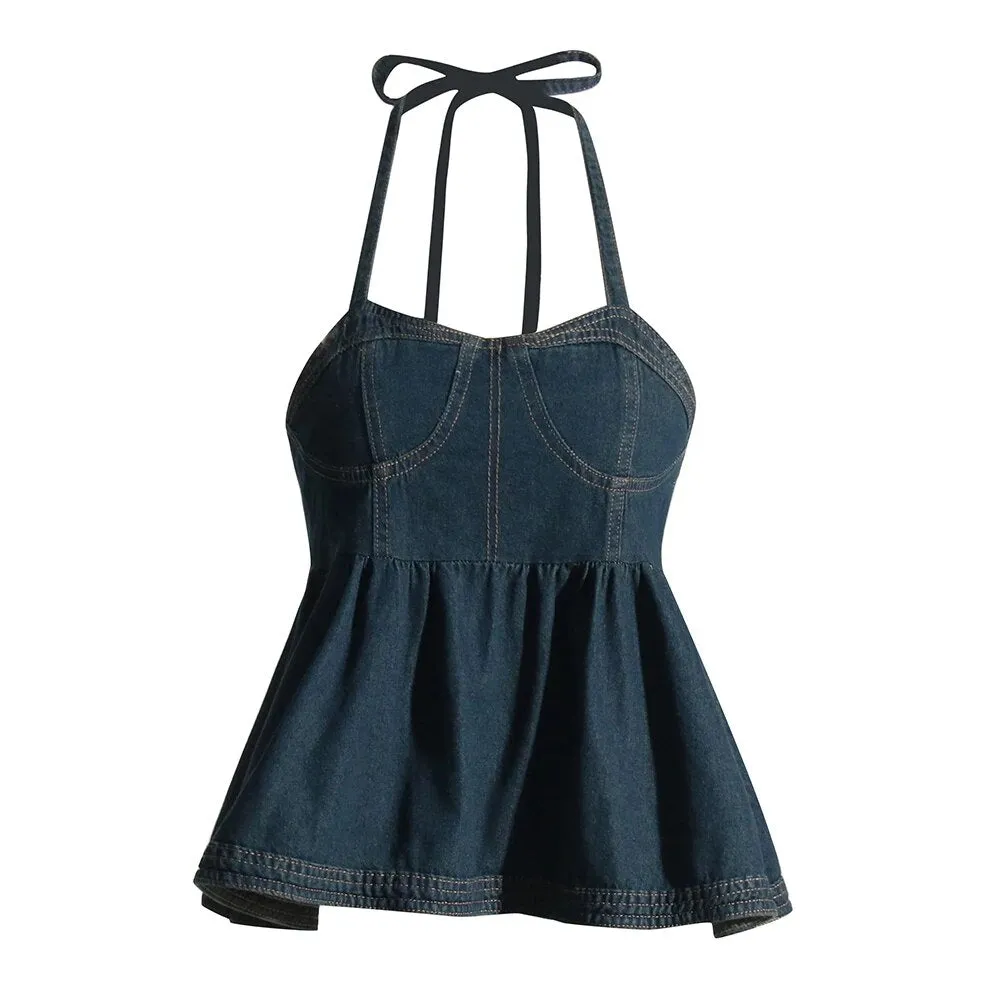 Patchwork Folds Tank Top For Women Halter Sleeveless Tunic Slimming Solid Backless Denim Vest Female Fashion