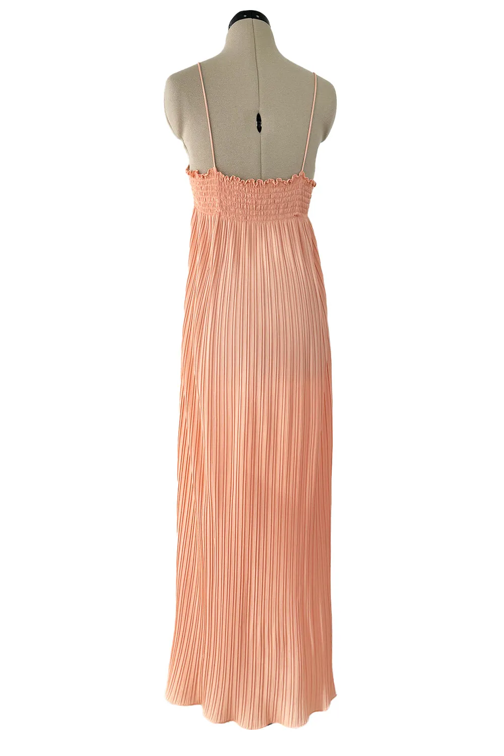 Prettiest 1980s Bill Tice Pale Peach Pleated Dress w Gold Trim Detailed Bodice & Elastic Back