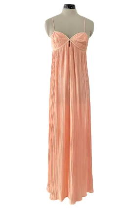 Prettiest 1980s Bill Tice Pale Peach Pleated Dress w Gold Trim Detailed Bodice & Elastic Back