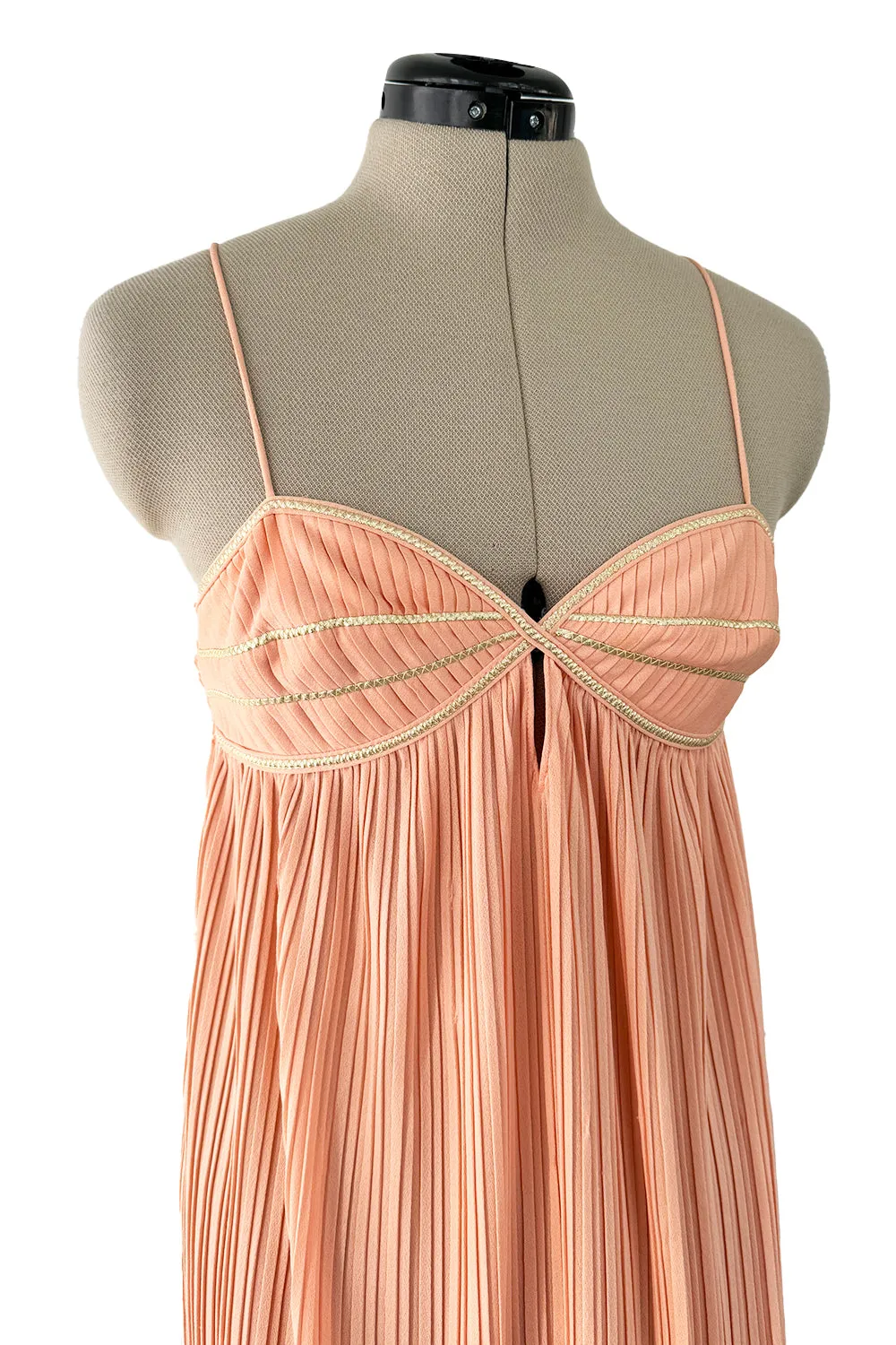 Prettiest 1980s Bill Tice Pale Peach Pleated Dress w Gold Trim Detailed Bodice & Elastic Back