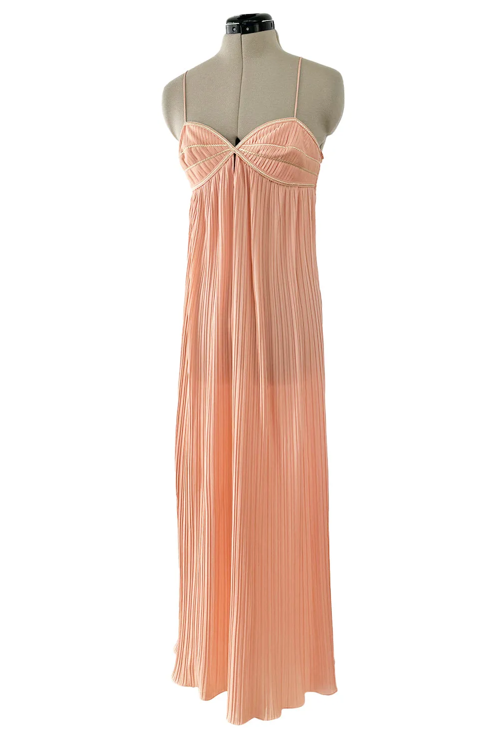 Prettiest 1980s Bill Tice Pale Peach Pleated Dress w Gold Trim Detailed Bodice & Elastic Back