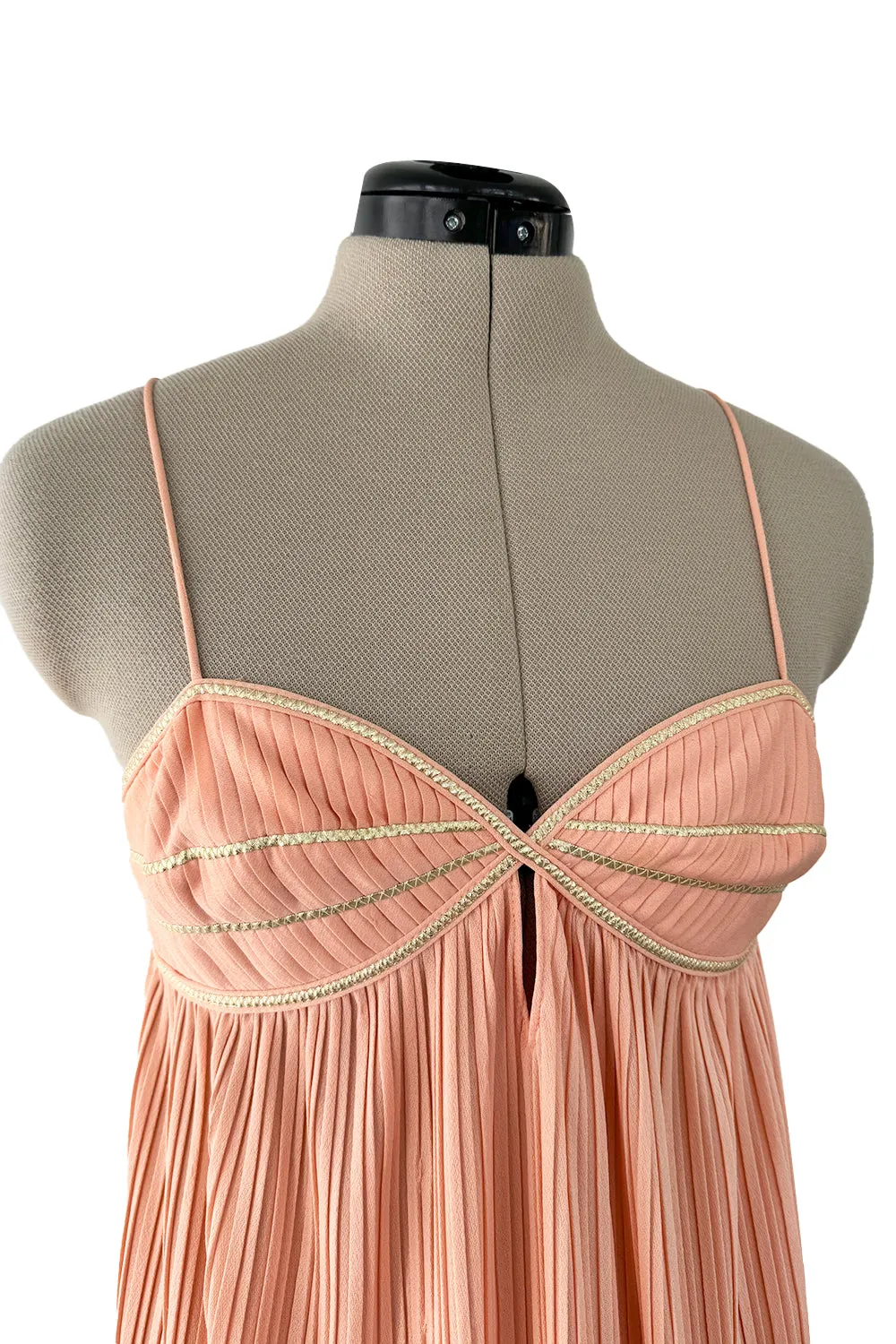 Prettiest 1980s Bill Tice Pale Peach Pleated Dress w Gold Trim Detailed Bodice & Elastic Back