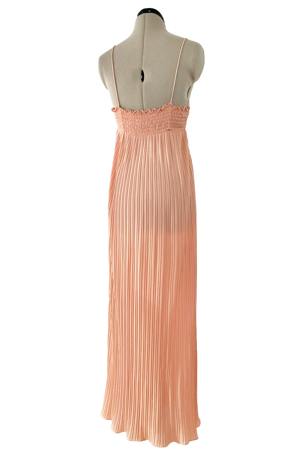 Prettiest 1980s Bill Tice Pale Peach Pleated Dress w Gold Trim Detailed Bodice & Elastic Back