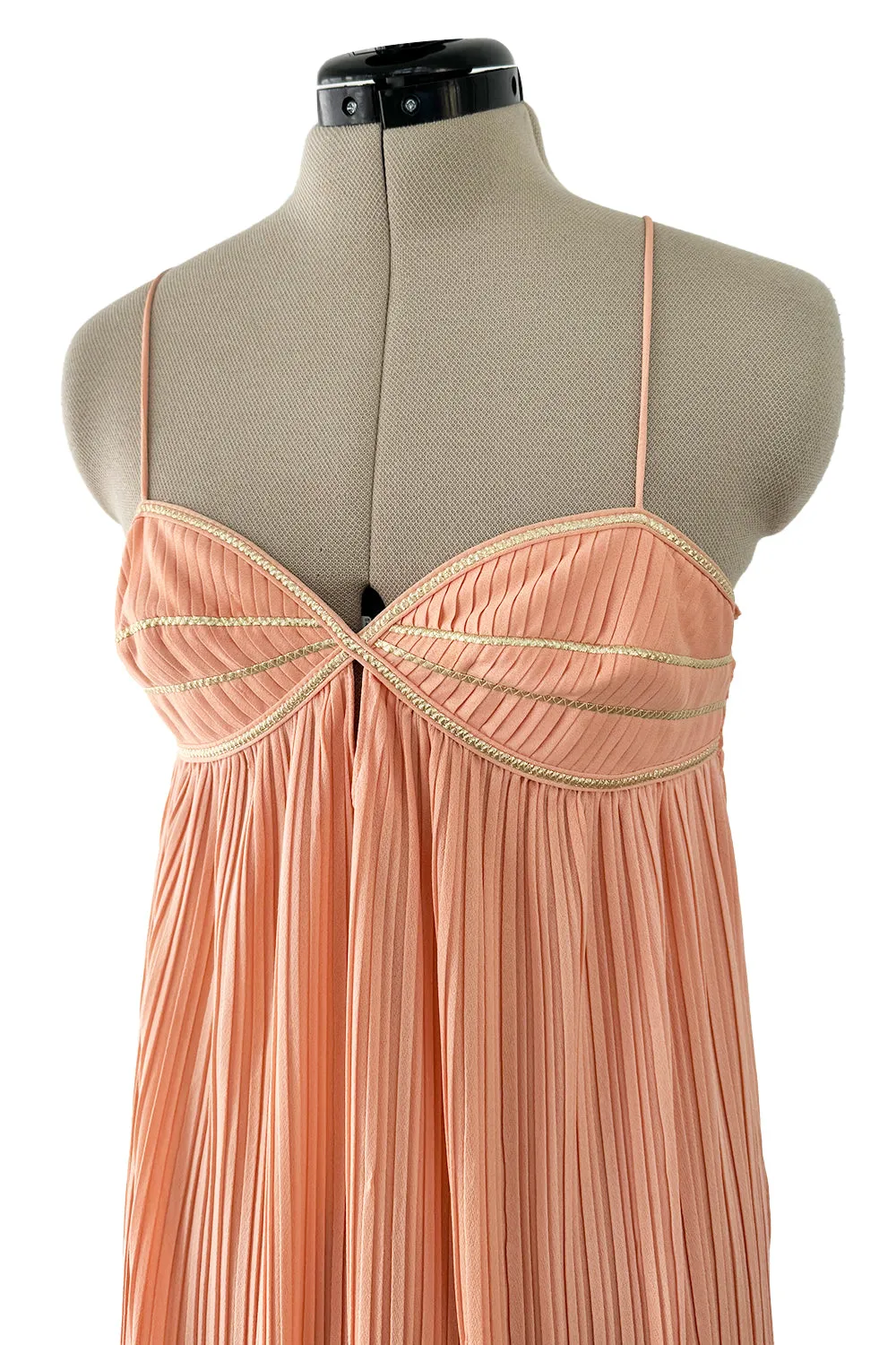 Prettiest 1980s Bill Tice Pale Peach Pleated Dress w Gold Trim Detailed Bodice & Elastic Back