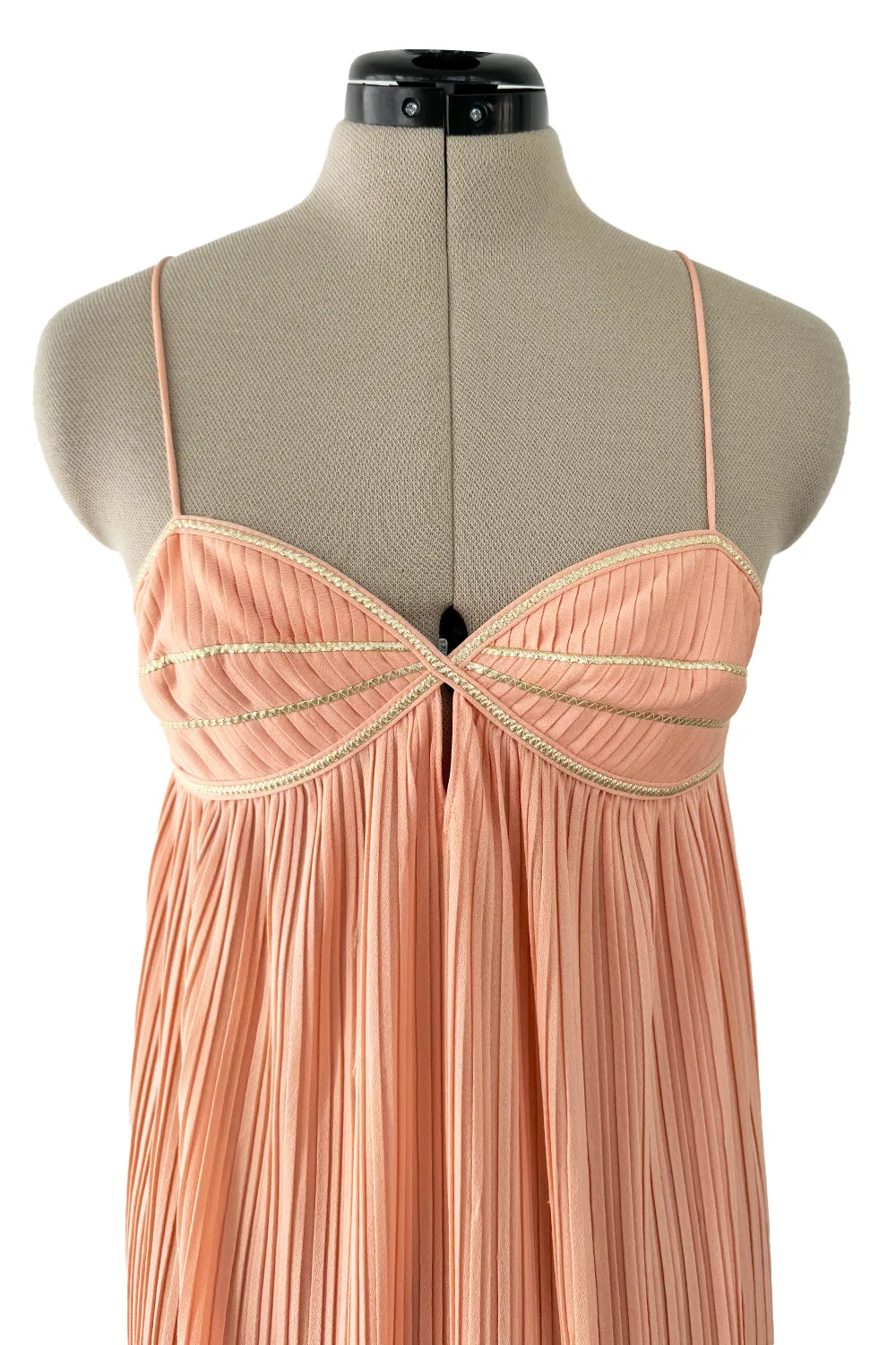 Prettiest 1980s Bill Tice Pale Peach Pleated Dress w Gold Trim Detailed Bodice & Elastic Back