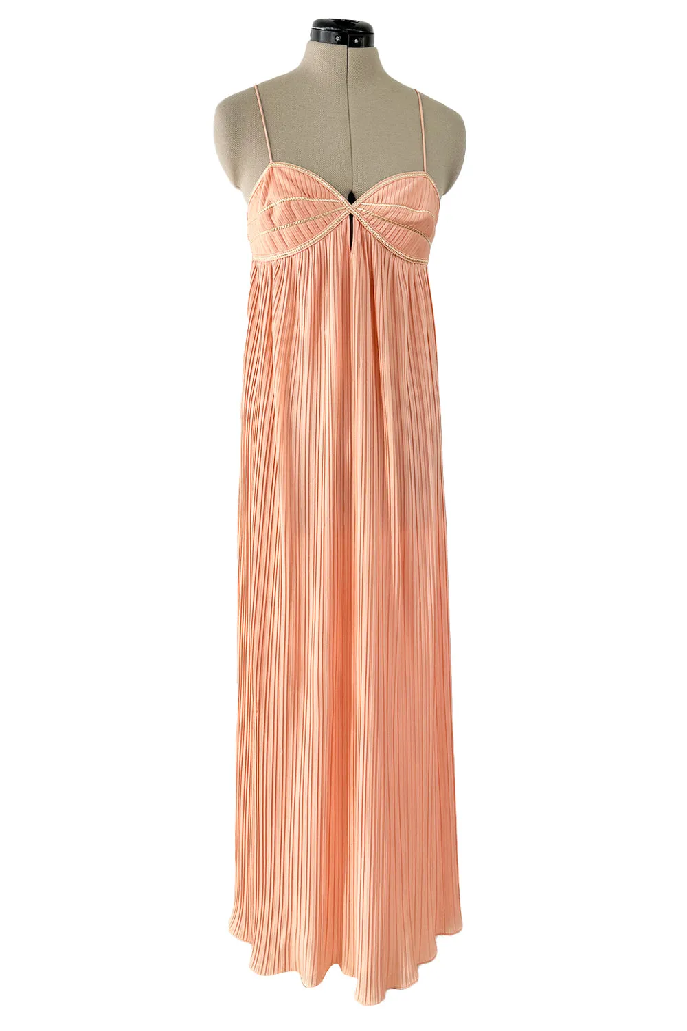 Prettiest 1980s Bill Tice Pale Peach Pleated Dress w Gold Trim Detailed Bodice & Elastic Back