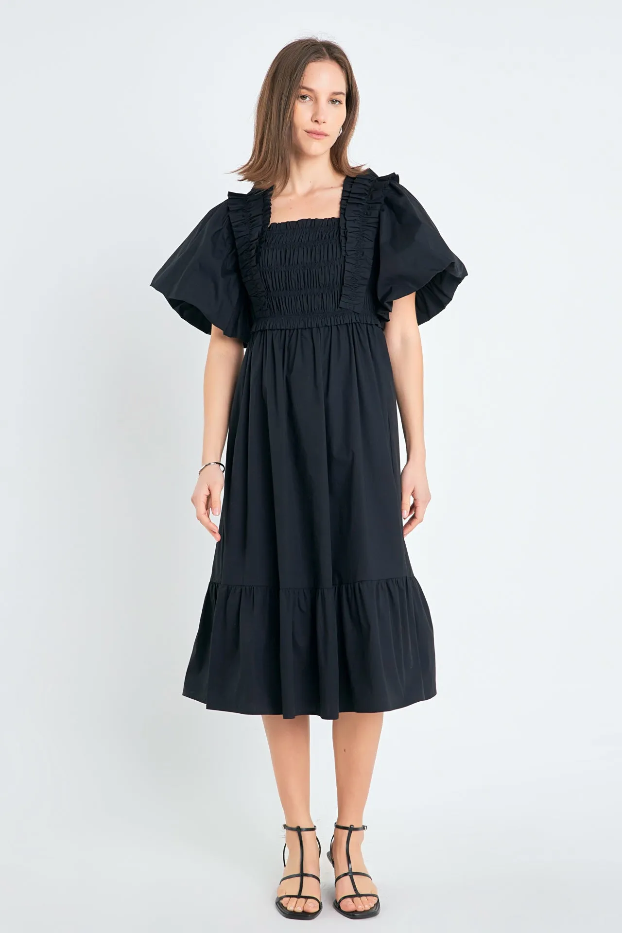 Puff Sleeve Square Neck Midi Dress