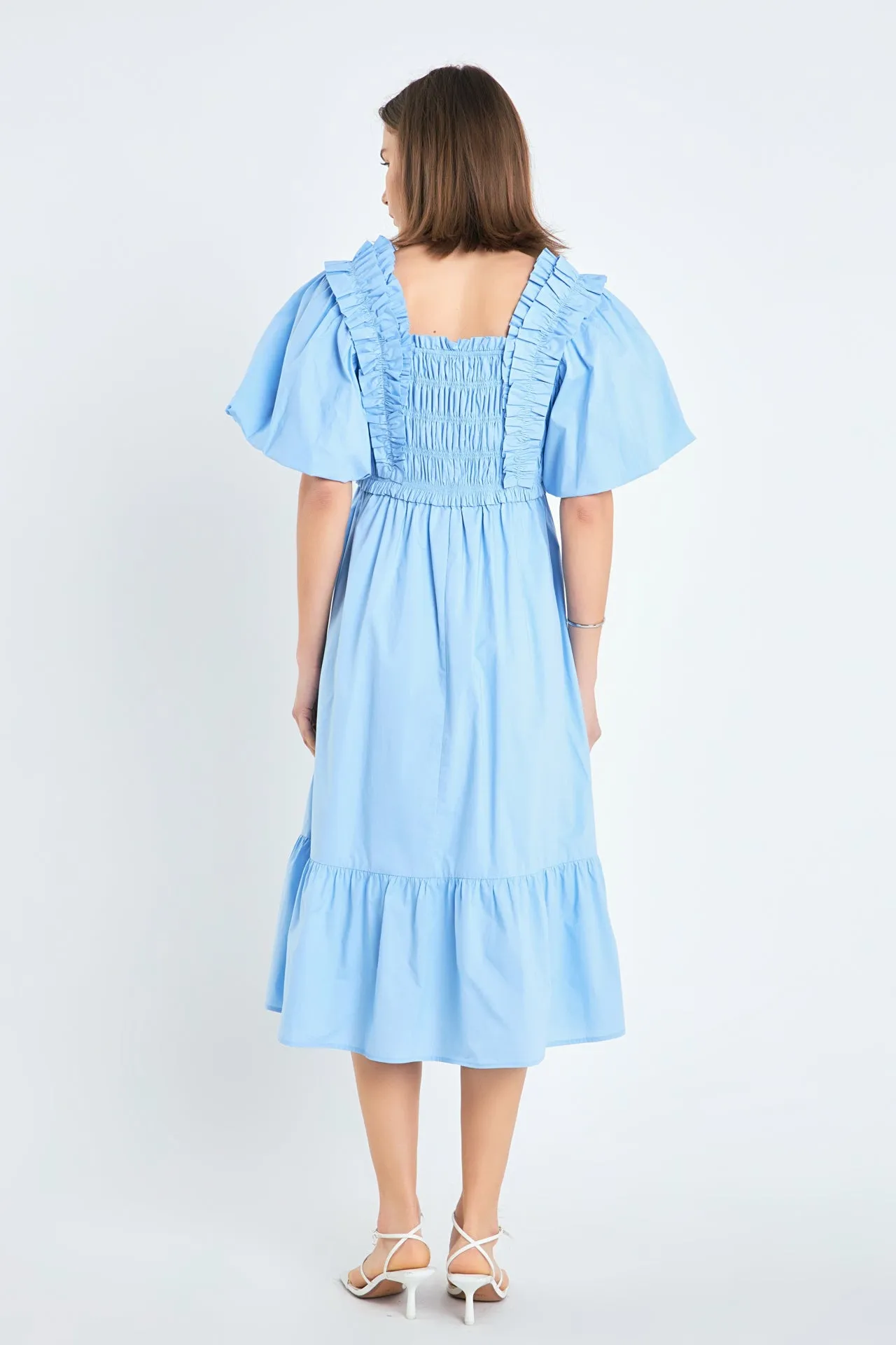 Puff Sleeve Square Neck Midi Dress