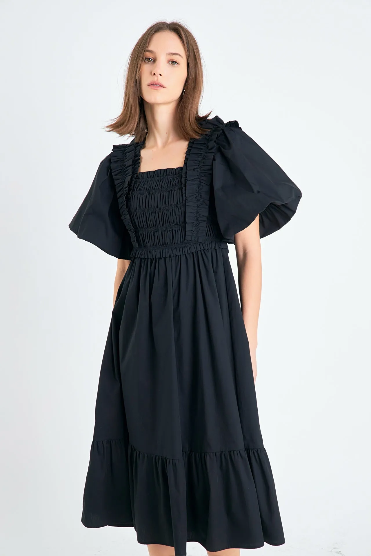 Puff Sleeve Square Neck Midi Dress