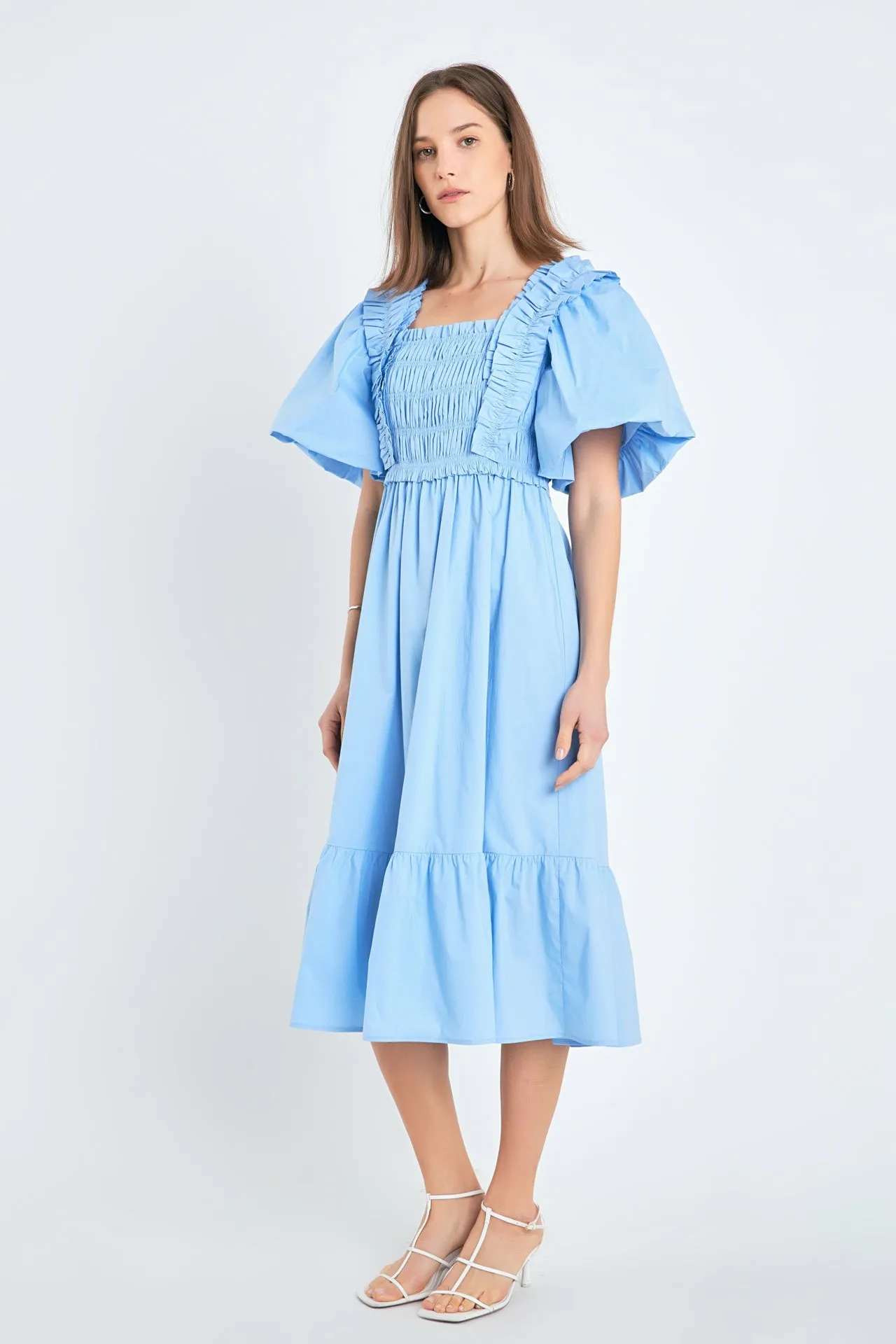 Puff Sleeve Square Neck Midi Dress