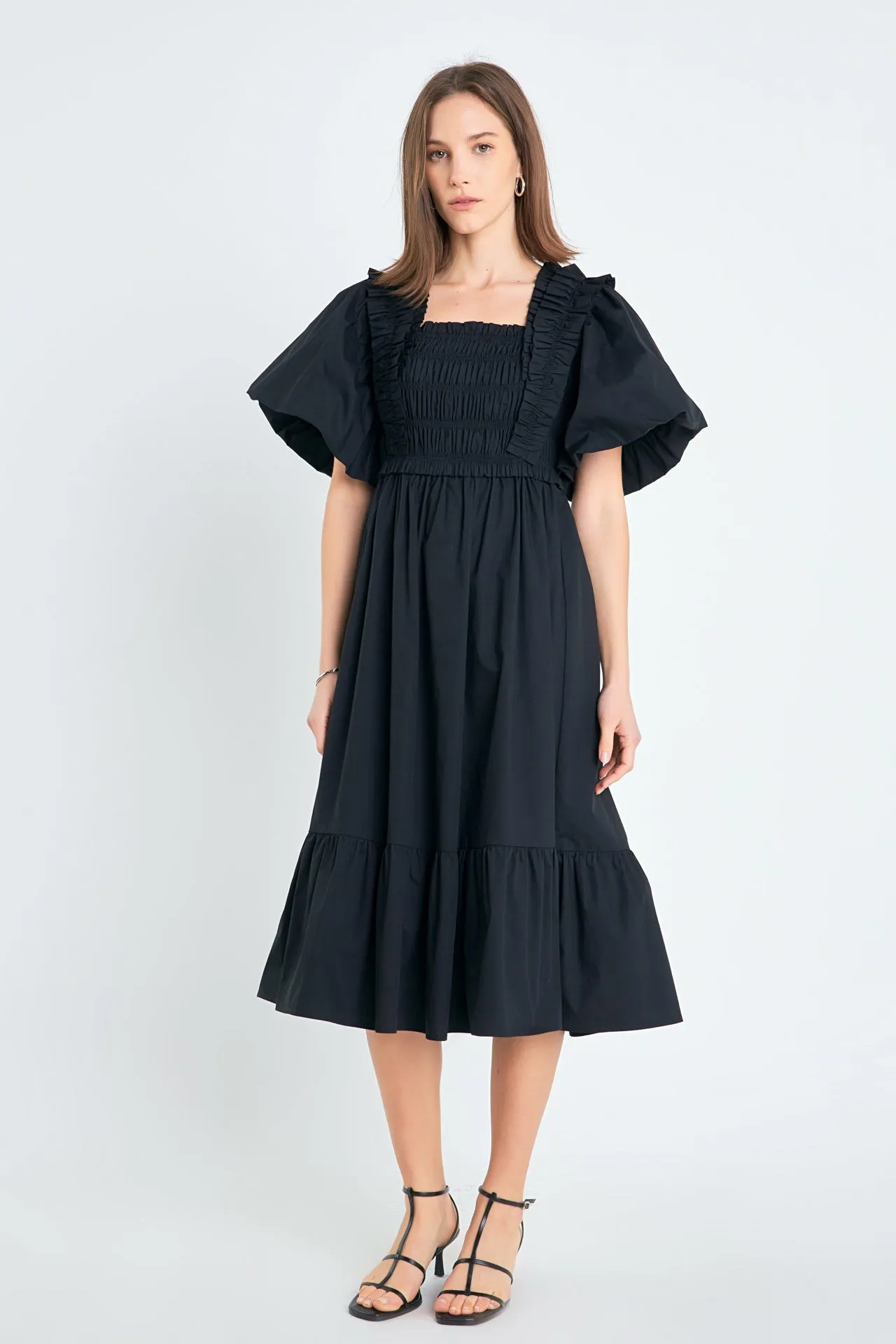 Puff Sleeve Square Neck Midi Dress