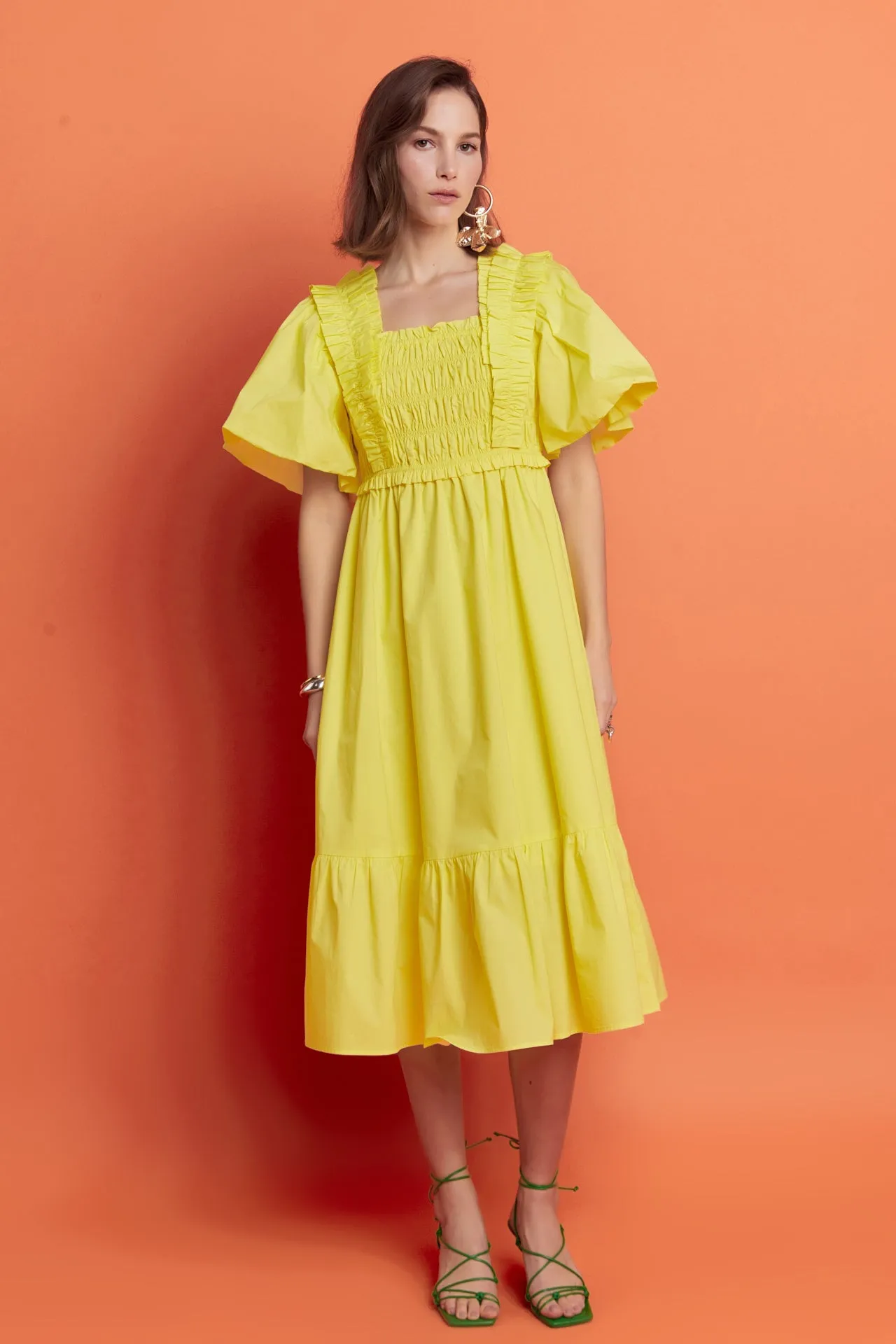 Puff Sleeve Square Neck Midi Dress