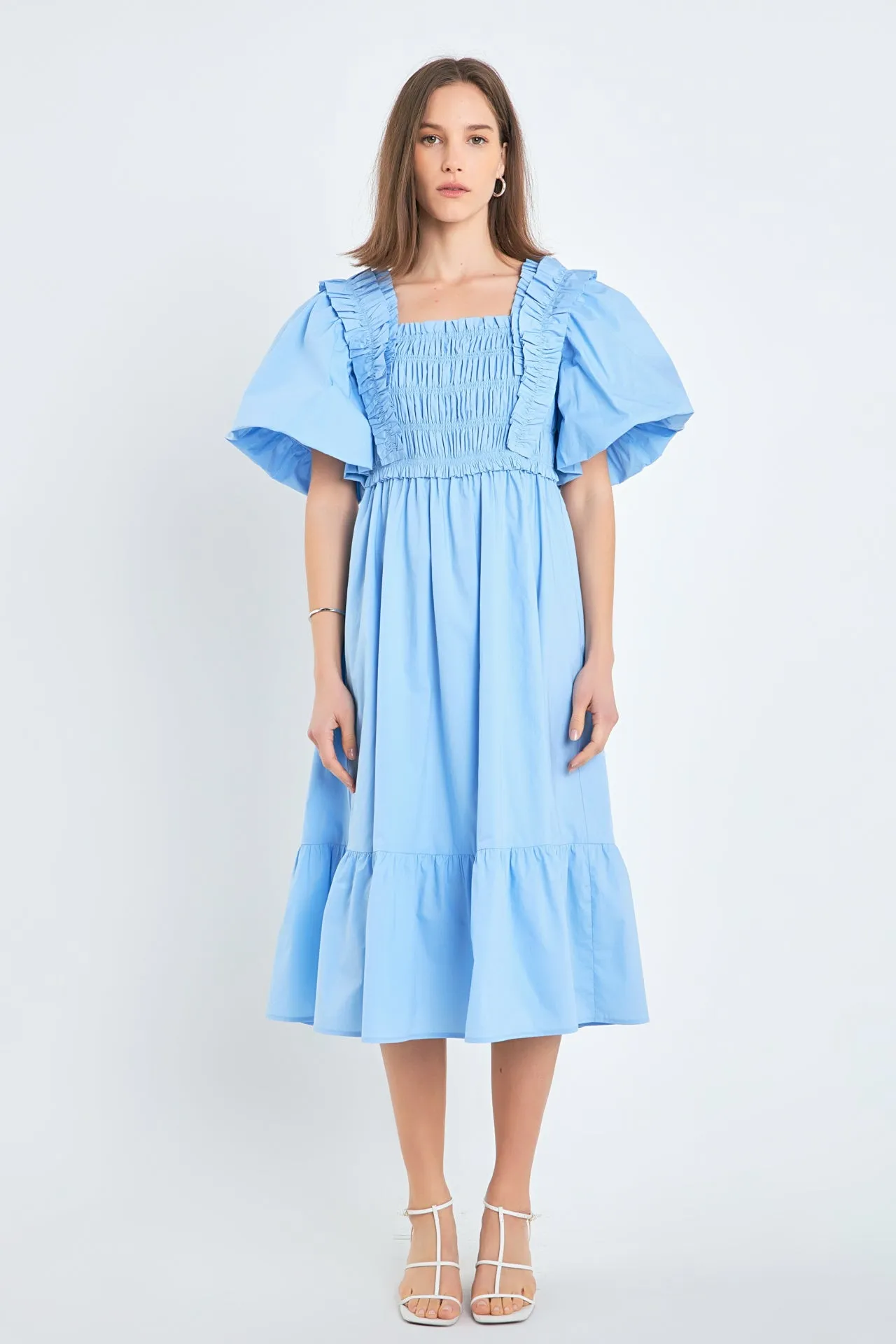 Puff Sleeve Square Neck Midi Dress