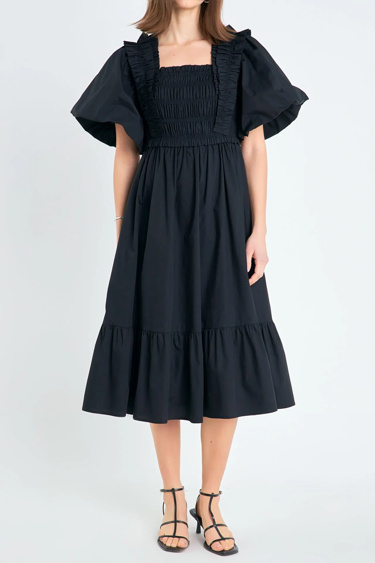 Puff Sleeve Square Neck Midi Dress