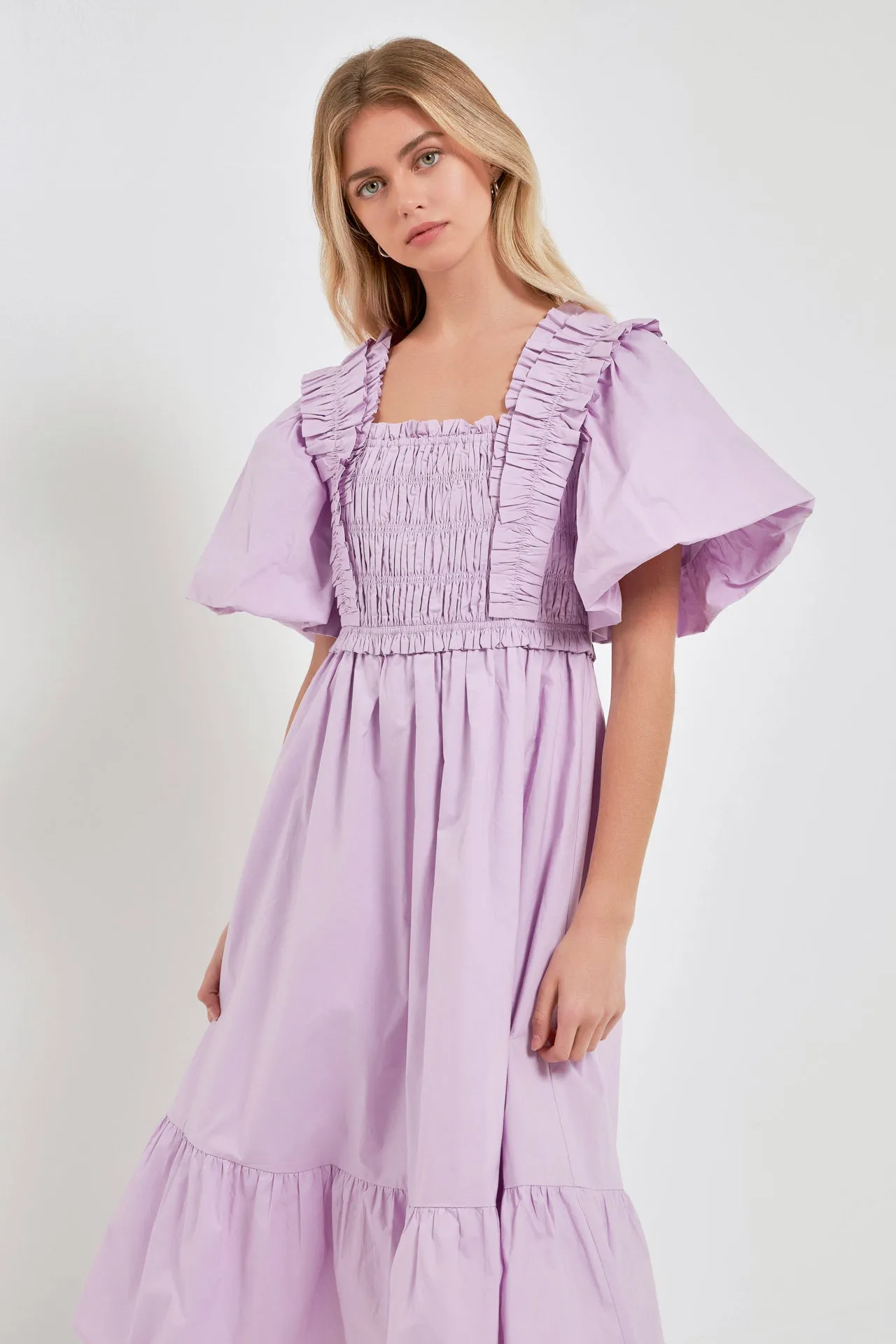 Puff Sleeve Square Neck Midi Dress