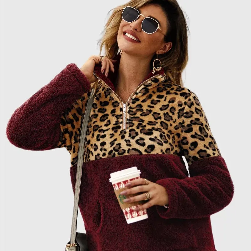 Quarter Zip Sherpa Pullover Fuzzy Fleece in Burgundy X LeoPard