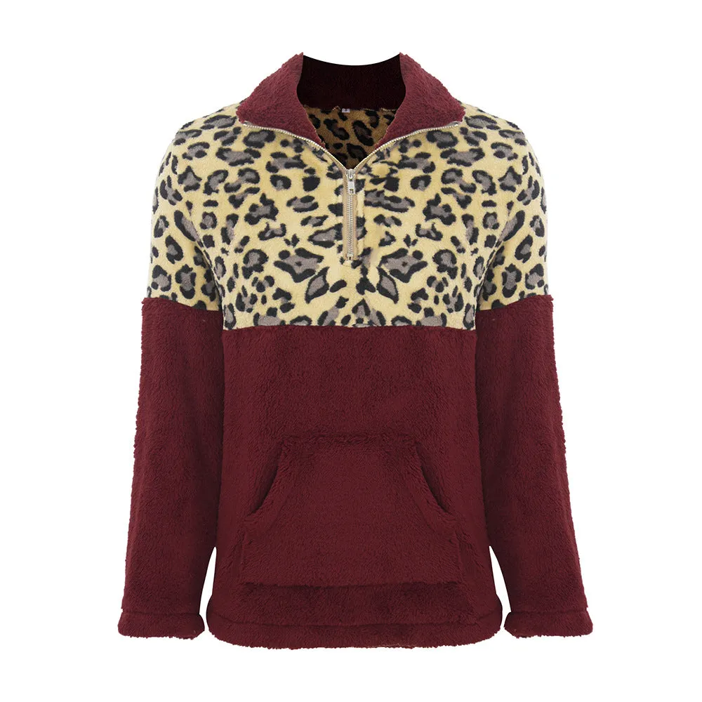 Quarter Zip Sherpa Pullover Fuzzy Fleece in Burgundy X LeoPard