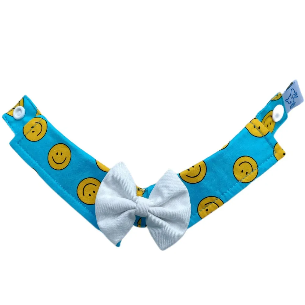 RuffCo Handcrafted Bowtie Button Collar For Cats & Dogs (Blue Smiley)