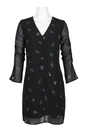 Sam Edelman V-Neck Long Sleeve Chiffon Dress with Embroidery and Ruched Details