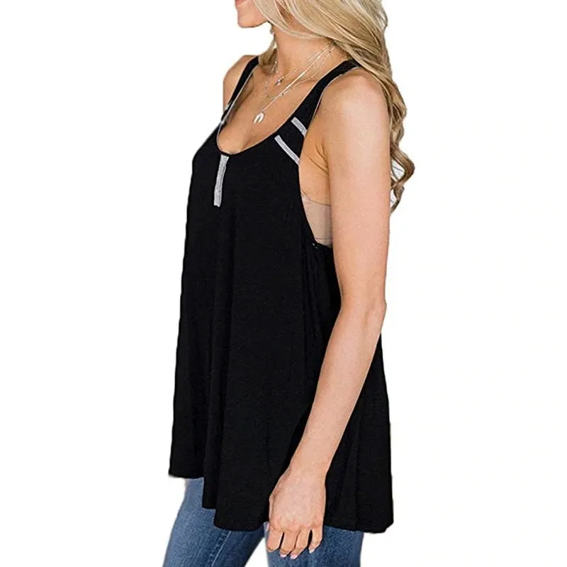 Sexy Sleeveless Button Loose Top Casual Solid Tunic Tank Tops