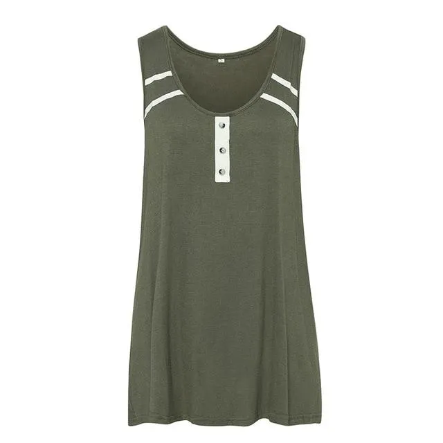 Sexy Sleeveless Button Loose Top Casual Solid Tunic Tank Tops