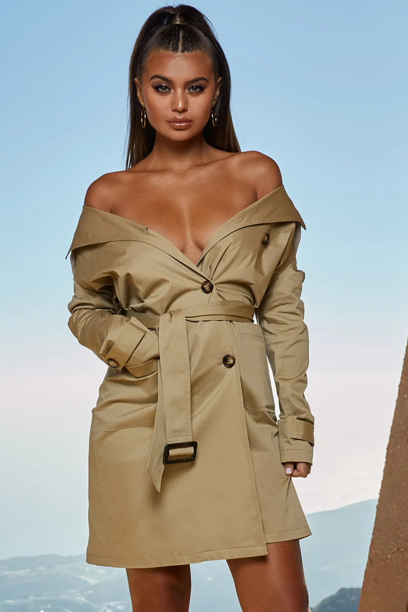 So Over You Bardot Trench Coat Dress in Beige