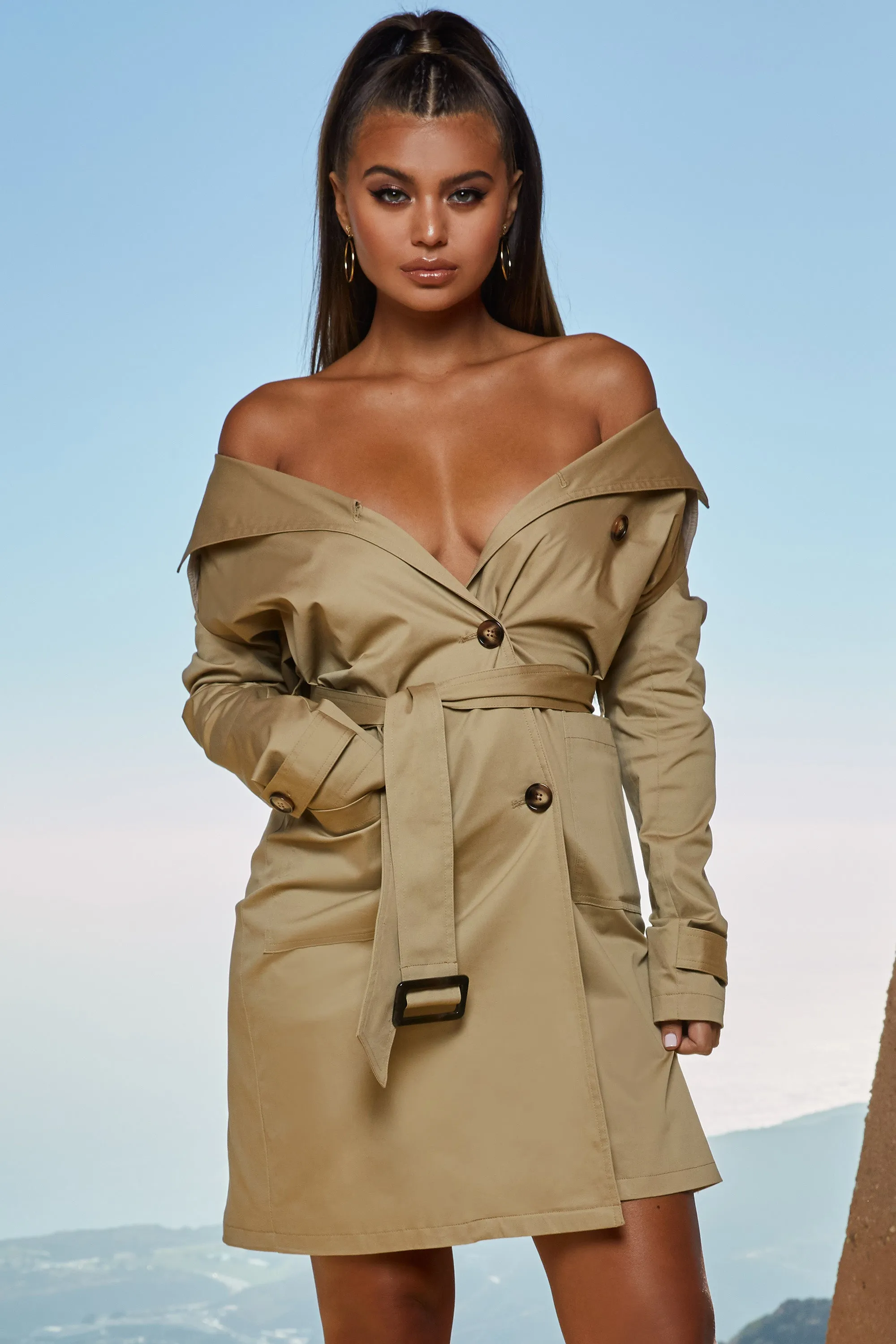 So Over You Bardot Trench Coat Dress in Beige