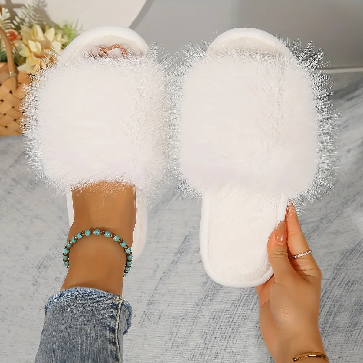 Solid Color Slippers, Casual Open Toe Plush Shoes, Comfortable Slip On Indoor Home Slippers