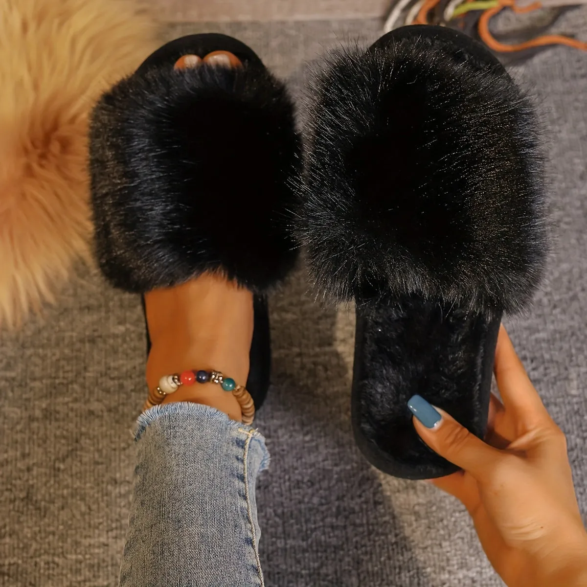 Solid Color Slippers, Casual Open Toe Plush Shoes, Comfortable Slip On Indoor Home Slippers