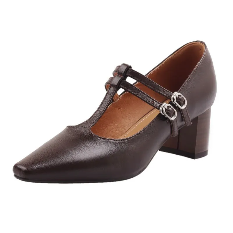 Square Toe T Strap Mary Jane Shoes 50mm Block Heel in Black/Brown