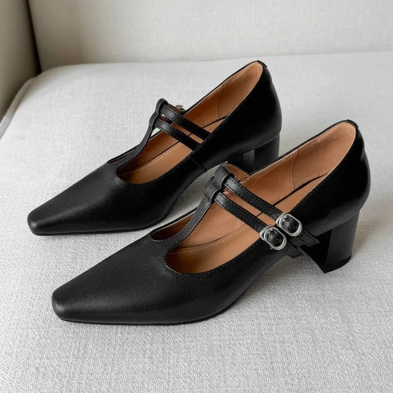 Square Toe T Strap Mary Jane Shoes 50mm Block Heel in Black/Brown