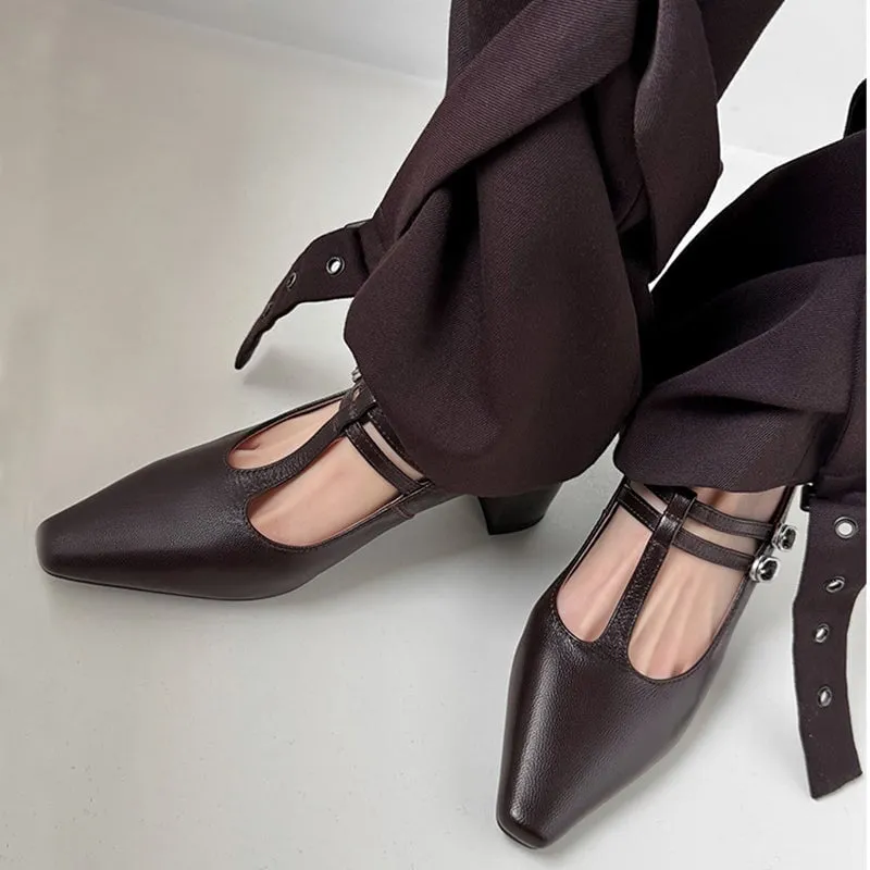 Square Toe T Strap Mary Jane Shoes 50mm Block Heel in Black/Brown