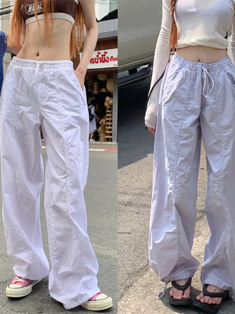 TAVIMART  -  Casual Baggy Wide Leg Sweatpants White Loose Drawstring Low Waist Streetwear Cargo Pants Womens Hippie Joggers Trousers