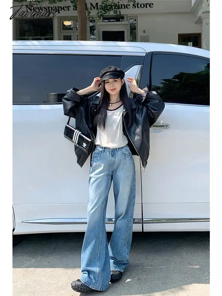 TAVIMART -  Woman Streetwear Jeans Preppy Style Denim Korean Pants Trousers Pockets Sweatpants Zipper Cargo Pants Wide Leg Bell Bottoms