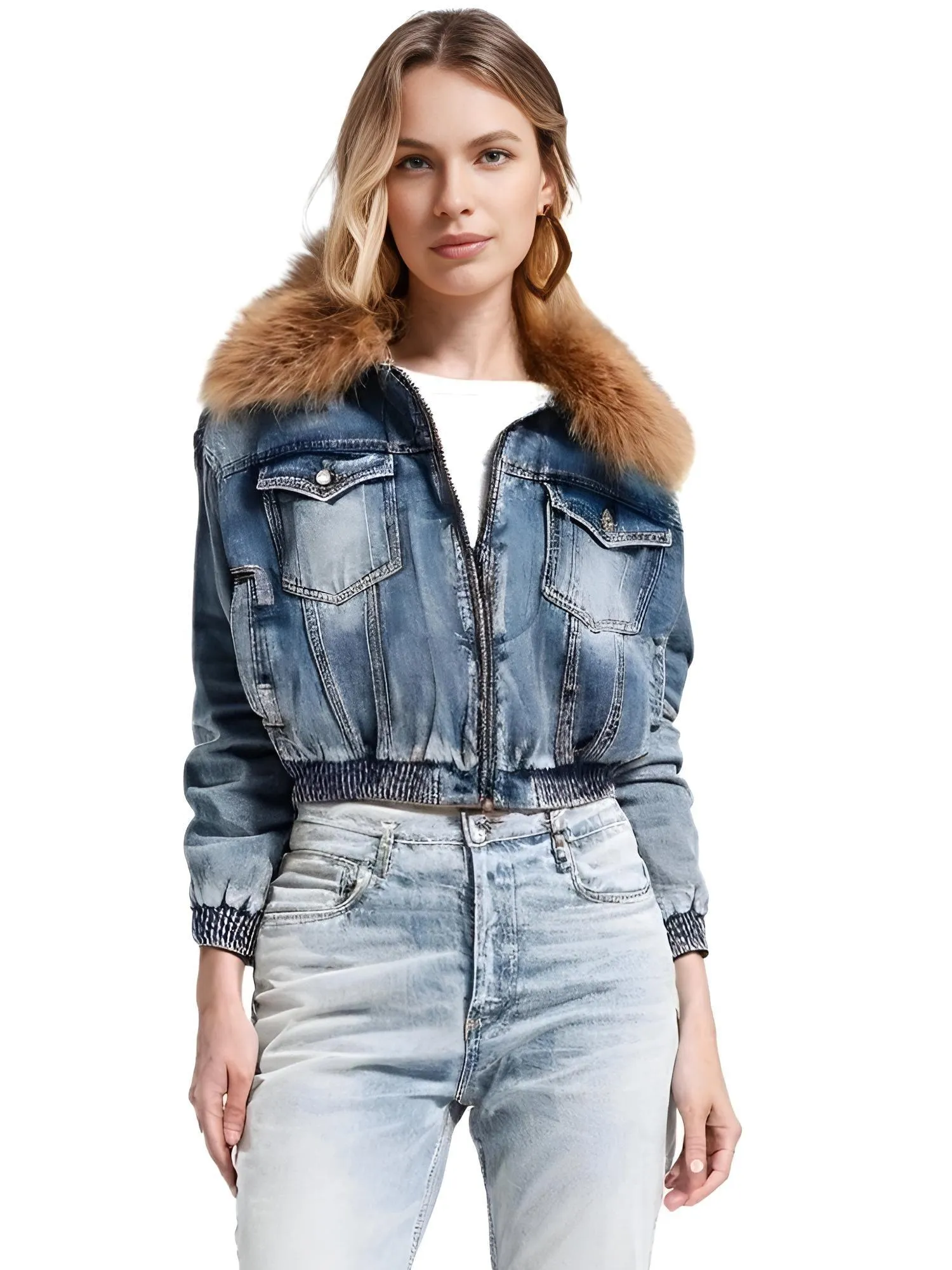 Trendy Fashion Women's Fur Collar Denim Jacket Double Zipper High Waist Long Sleeve Thick Warm Short Coat Winter