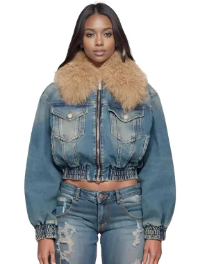 Trendy Fashion Women's Fur Collar Denim Jacket Double Zipper High Waist Long Sleeve Thick Warm Short Coat Winter