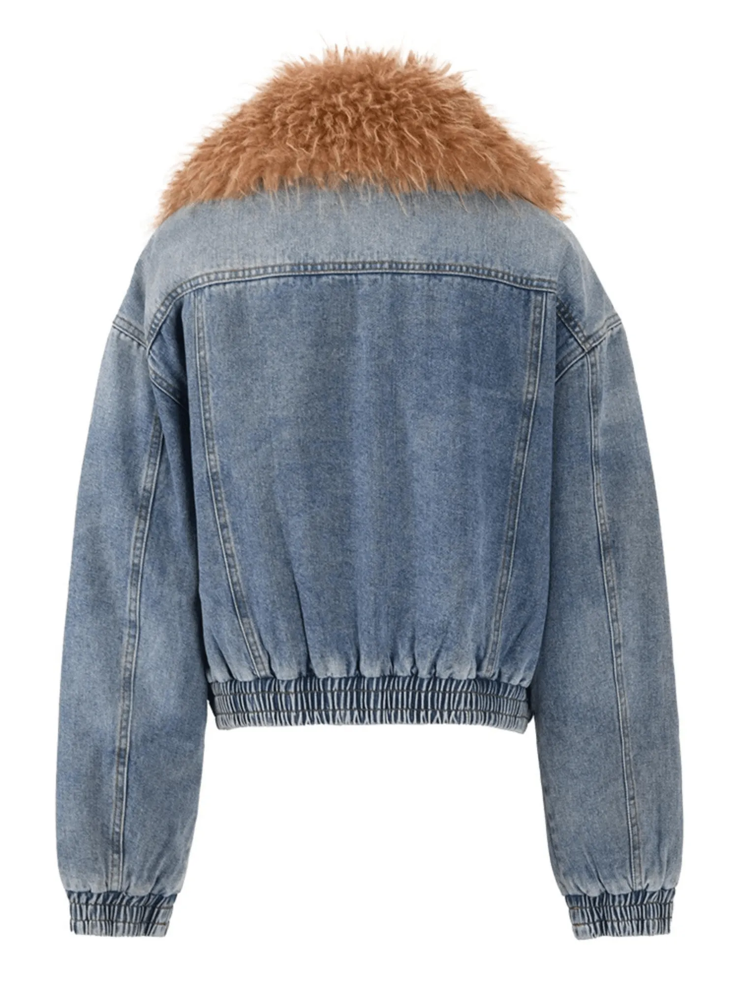 Trendy Fashion Women's Fur Collar Denim Jacket Double Zipper High Waist Long Sleeve Thick Warm Short Coat Winter