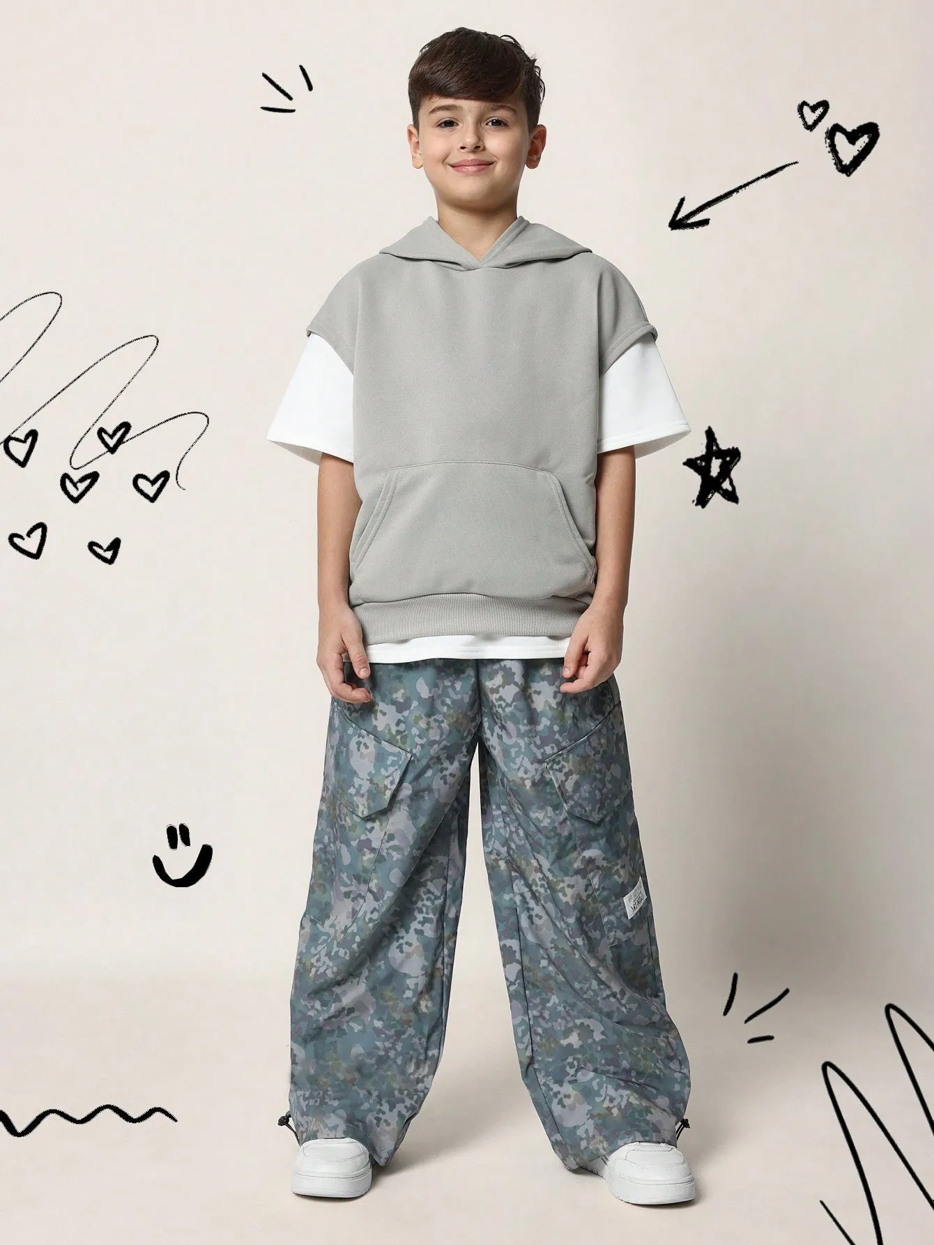 Tween Boys Regular Fit Sleeveless Hoodie And Camouflage Cargo Pant 2 Piece Set