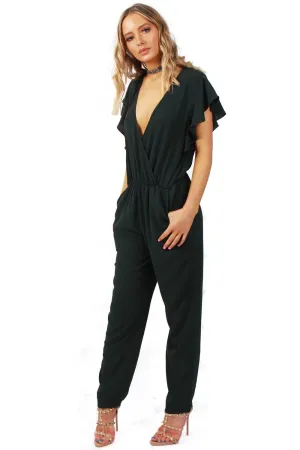 V neck Lace Applique Back Straight Leg Jumpsuit