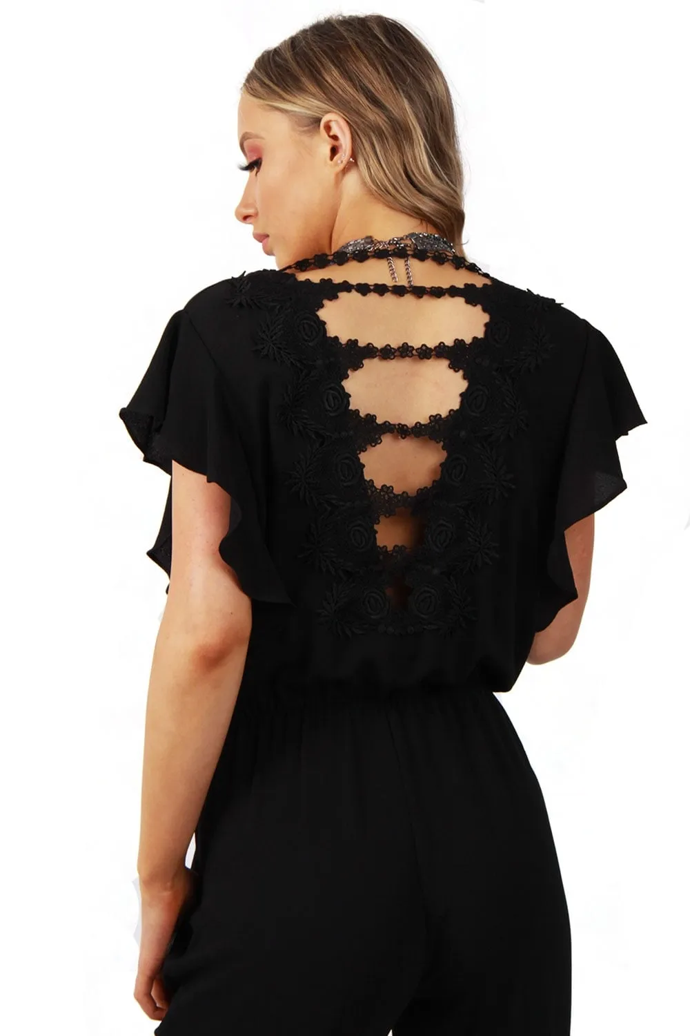 V neck Lace Applique Back Straight Leg Jumpsuit