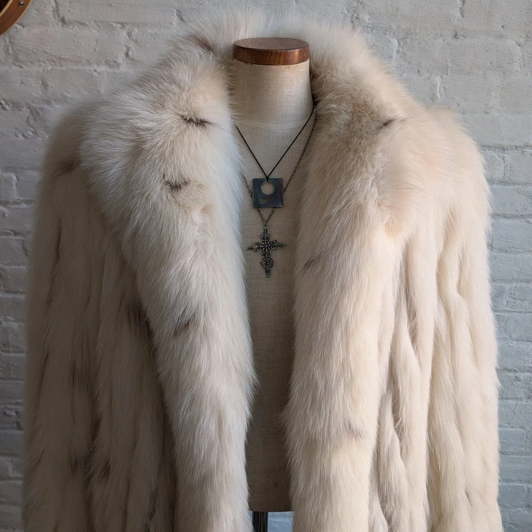 Vintage White Fluffy Fox Fur Coat Spotted Genuine Furry Mobwife Designer Jacket