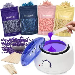 Waxing Kits Wax Warmer Full Kit, Wax Heater Kit with Wax Warmer, 4 * 100g Wax Beads and 30 Pcs Wax Spatulas, Painless at Home Wax Warme Hair Removal Kit Wax Kits