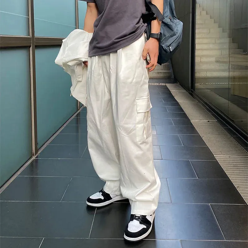 Wiaofellas  -  straight loose Multi Pocket cargo pants for men new solid color black white casual pants korean loose sweatpants