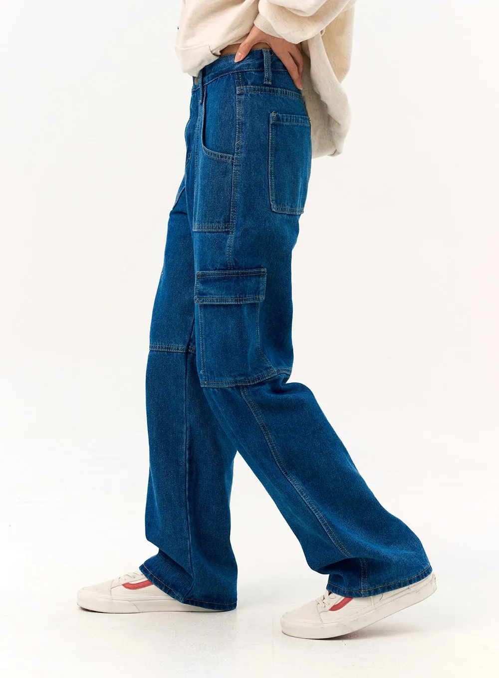 Wide Leg Cargo Pocket Jeans IO317