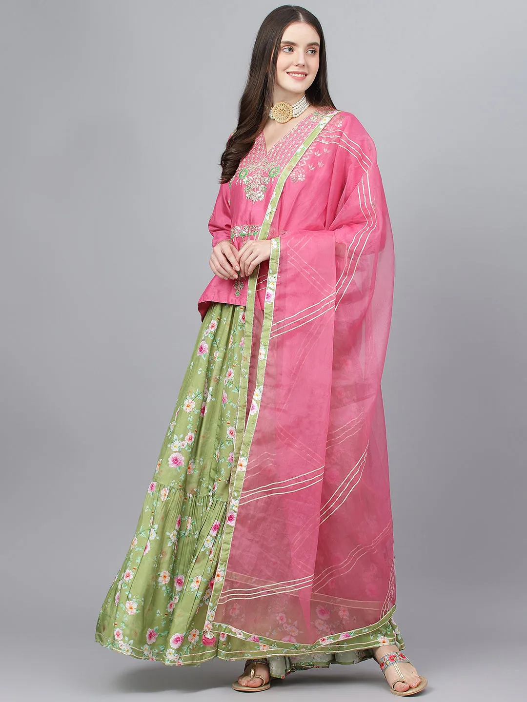 Women Pink And Green Russian Silk Flared Lehenga Choli Set With Organza Dupatta