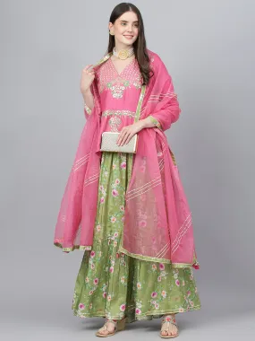 Women Pink And Green Russian Silk Flared Lehenga Choli Set With Organza Dupatta