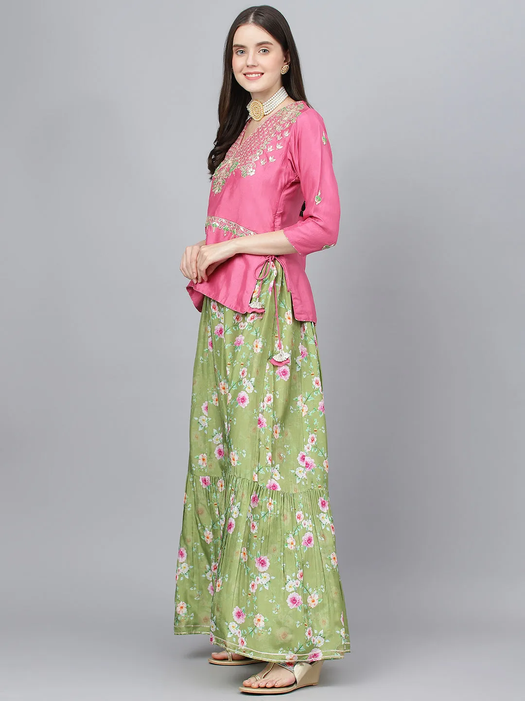 Women Pink And Green Russian Silk Flared Lehenga Choli Set With Organza Dupatta