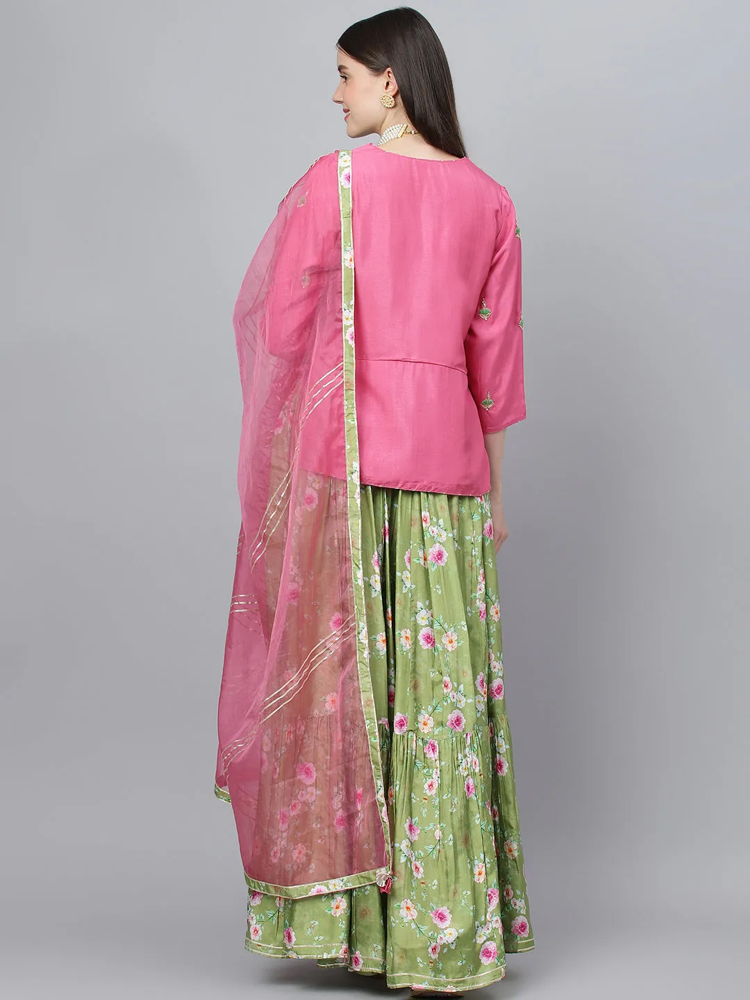 Women Pink And Green Russian Silk Flared Lehenga Choli Set With Organza Dupatta